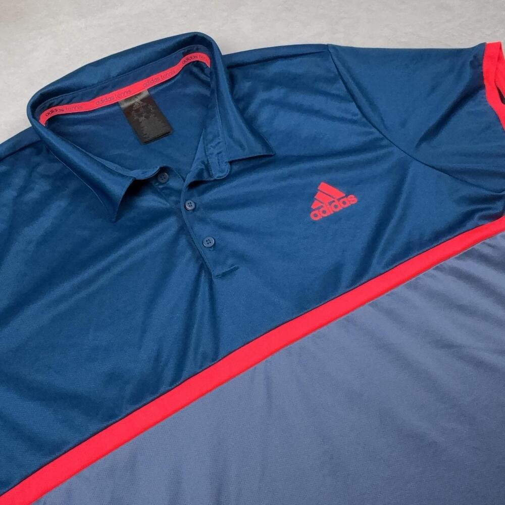Adidas Polo Shirt Mens 2XL Blue Pink Mesh Climalite Tennis Logo Lightweight